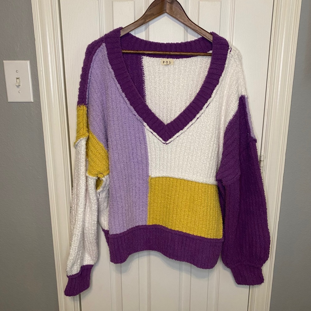 POL Womens Oversized Colorblock Popcorn Knit V-Neck Sweater Purple Yellow‎ Large